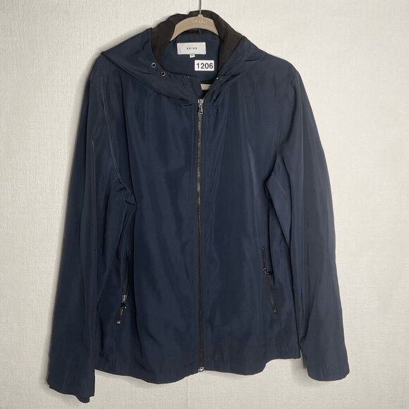 Reiss Lightweight Hooded Full Zip Raincoat Jacket Women Size XL Navy Blue